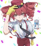  3girls absurdres biting black_eyes black_necktie blue_hair commentary_request confetti drill_hair english_commentary gloves hair_ribbon hairband hat hatsune_miku highres ima_sugu_rinne_(vocaloid) kasane_teto mesmerizer_(vocaloid) multiple_girls necktie pants peaked_cap ququxiaosi red_eyes red_hair red_pants ribbon sharp_teeth simple_background solo staff striped_clothes suspenders teeth twin_drills twintails vocaloid white_background yellow_gloves 