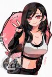  1girl artist_name bare_shoulders black_gloves black_hair black_skirt breasts cleavage closed_mouth collarbone commentary crop_top earrings elbow_gloves final_fantasy final_fantasy_vii final_fantasy_vii_remake fingerless_gloves gloves goma_yammy highres jewelry large_breasts long_hair looking_at_viewer low-tied_long_hair midriff red_eyes skirt smile solo suspender_skirt suspenders tank_top tifa_lockhart twitter_username upper_body v watermark white_tank_top 