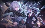  1girl absurdres ak-15 ak-15_(erwin)_(girls'_frontline) ak-15_(girls'_frontline) ammunition_pouch assault_rifle belt black_belt black_jacket black_pants black_shirt black_suit braid breasts broken_glass buckle bulletproof_vest business_suit closed_mouth commentary_request cowboy_shot crop_top formal_clothes girls'_frontline girls'_frontline_2:_exilium glass gloves grey_hair gun hair_between_eyes hair_over_one_eye hand_on_own_hip highres holding holding_gun holding_weapon jacket kalashnikov_rifle lm_(alstjd2169) long_hair mechanical_eyes medium_breasts midriff navel necktie official_alternate_costume pants parted_lips ponytail pouch purple_eyes red_necktie red_pupils rifle shirt sidelocks snap-fit_buckle standing suit tactical_clothes voymastina_(girls'_frontline_2) weapon white_shirt 