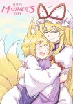  2girls absurdres animal_ear_fluff animal_ears blonde_hair blue_tabard blush bow breasts closed_eyes commentary_request dress english_text fox_ears fox_tail hair_bow happy_mother's_day hat hat_ribbon highres hug kitsune large_breasts long_hair long_sleeves medium_hair missing_headwear mob_cap mother's_day multiple_girls open_mouth piaoluo_de_ying_huaban purple_tabard red_bow red_ribbon ribbon smile tabard tail touhou white_dress wide_sleeves yakumo_ran yakumo_yukari 