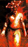  1boy arm_tattoo black_hair cowboy_shot fushiguro_megumi highres jujutsu_kaisen kyezzzz male_focus painting_(medium) red_theme ryoumen_sukuna_(jujutsu_kaisen) short_hair solo tattoo traditional_media wheel_of_dharma 