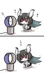  anchorage_water_oni black_hair bladeless_fan blush_stickers chestnut_mouth chibi commentary electric_fan fan fan_speaking goma_(gomasamune) horns kantai_collection kneeling long_hair open_mouth red_eyes sketch translated 