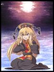  1girl aksawshin black_border black_dress black_leggings black_shirt blonde_hair border clenched_teeth commentary crying crying_with_eyes_open dalachi_(headdress) dress full_body hands_on_own_face junko_(touhou) kneeling leggings long_hair long_sleeves pixel_art red_eyes shirt solo tabard tears teeth touhou untranslatable_commentary 