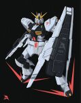  beam_rifle black_background char's_counterattack commentary energy_gun english_commentary full_body green_eyes gun gundam gundam_msv highres holding holding_gun holding_weapon mecha mecha_focus mobile_suit no_humans nu_gundam nu_gundam_hws robot science_fiction shield solo v-fin voxiela weapon 
