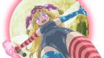  1girl :d american_flag american_flag_gloves american_flag_legwear american_flag_print blonde_hair blue_one-piece_swimsuit blush breasts clownpiece commentary_request elbow_gloves fire flag_print from_below full_moon gloves glowing glowing_eyes hat holding holding_torch jester_cap long_hair looking_down moon old_school_swimsuit one-piece_swimsuit open_mouth polka_dot_headwear print_gloves purple_hat school_swimsuit small_breasts smile solo swimsuit t-pose thighhighs torch touhou transparent_background winn 