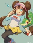  1girl :p blush boots brown_hair double_bun green_eyes hair_bun highres holding holding_poke_ball long_sleeves miniskirt much0099 one_eye_closed pantyhose poke_ball pokemon pokemon_(creature) rosa_(pokemon) skirt snivy sparkle standing standing_on_one_leg tongue tongue_out visor_cap yellow_skirt 