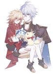  2boys alternate_costume animalization antenna_hair black_choker black_gloves black_shirt black_shoes blue_cape blue_eyes cake_cat_(honkai:_star_rail) cape chinese_commentary choker coat commentary_request fingerless_gloves gloves highres honkai:_star_rail honkai_(series) male_focus miao-koo multiple_boys mydei_(honkai:_star_rail) neck_tattoo parted_bangs person_and_animalization phainon_(coconut_snow_cap)_(honkai:_star_rail) phainon_(honkai:_star_rail) red_scarf scarf shirt shoes short_hair single_glove sun_symbol sun_tattoo tattoo white_coat white_hair 