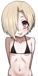  1girl :p arms_behind_back bags_under_eyes bare_shoulders blonde_hair closed_mouth collarbone commentary ear_piercing flat_chest hair_over_one_eye halulu highres idolmaster idolmaster_cinderella_girls looking_at_viewer navel navel_piercing one_eye_covered piercing red_eyes shirasaka_koume short_hair simple_background smile solo tareme tongue tongue_out tongue_piercing upper_body white_background 