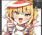  1girl :d arm_warmers art_program_in_frame blonde_hair blush bow braid close-up commentary_request double_v fang fujita_kotone gakuen_idolmaster hair_bow highres idolmaster long_hair looking_at_viewer low_twin_braids oomori_(kswmr) red_bow shirt short_sleeves sidelocks skin_fang smile smug solo twin_braids upper_body v visor_cap white_shirt yellow_eyes 