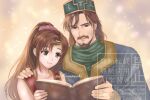 beard book brown_eyes brown_hair circlet commentary_request facial_hair father_and_child father_and_daughter fire_emblem fire_emblem:_mystery_of_the_emblem fire_emblem:_shadow_dragon_and_the_blade_of_light green_hat hand_on_another's_shoulder hat jilliannowaki linde_(fire_emblem) miloah_(fire_emblem) mustache parent_and_child ponytail red_tabard scrunchie signature sparkle_background tabard watermark 