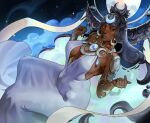 1girl akira_raikou blue_lips breasts cleavage commentary crescent crescent_earrings crescent_hat_ornament dark-skinned_female dark_skin dress earrings full_moon hades_(series) hades_2 hagoromo hat_ornament highres jewelry large_breasts long_dress looking_at_viewer moon selene_(hades) shawl solo star_(sky) white_dress yellow_eyes 