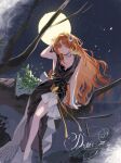  1girl adjusting_hair arm_support bare_arms bare_legs bare_shoulders barefoot black_dress blue_sky character_signature closed_mouth commentary_request crescent crescent_hair_ornament dress druvis_iii full_body full_moon green_eyes hair_ornament hand_up highres korean_commentary leaf_hair_ornament long_hair looking_at_viewer mistletoe moon night on_branch orange_hair reverse:1999 side_slit sitting_on_branch sky sleeveless sleeveless_dress solo ssaeujjobyap 