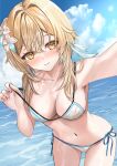  1girl alternate_costume bikini blonde_hair blush breasts cleavage closed_mouth cloud commentary_request day fingernails flower genshin_impact hair_between_eyes hair_flower hair_ornament highres leaning_forward looking_at_viewer lumine_(genshin_impact) medium_breasts mitsu336 navel outdoors outstretched_arm selfie short_hair_with_long_locks side-tie_bikini_bottom sky solo stomach strap_pull string_bikini swimsuit water white_bikini white_flower yellow_eyes 