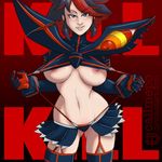  areolae black_hair blue_eyes boots breasts call_me_po garter_straps kill_la_kill large_breasts light_smile lips looking_at_viewer matoi_ryuuko multicolored_hair nipples no_bra nose pleated_skirt red_hair senketsu short_hair showgirl_skirt skirt solo suspenders suspenders_pull thigh_boots thighhighs two-tone_hair underboob 