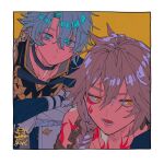  2boys antenna_hair arm_tattoo armlet armor black_choker black_coat black_shirt blonde_hair blue_eyes braid choker coat crossed_arms earrings facial_tattoo gold_earrings gradient_hair highres honkai:_star_rail honkai_(series) jewelry looking_at_viewer male_focus medium_hair multicolored_hair multiple_boys mydei_(honkai:_star_rail) neck_tattoo open_clothes open_coat open_mouth parted_bangs pauldrons phainon_(honkai:_star_rail) red_hair red_tattoo shirt short_hair shoulder_armor side_braid single_pauldron souko_(floyd) tattoo white_coat white_hair yellow_eyes 