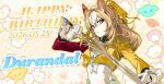  1girl aiguillette animal_ears asymmetrical_jacket blonde_hair blue_eyes bodysuit bodysuit_under_clothes breasts character_name closed_mouth commentary_request durandal_(chevalier_fidele)_(umamusume) durandal_(umamusume) ear_covers epaulettes flower fourragere frilled_bodysuit gloves gold_embroidery hair_between_eyes happy_birthday highres holding holding_sword holding_weapon horse_ears horse_girl jacket long_hair long_sleeves looking_at_viewer medium_breasts multicolored_hair sangbummusume single_ear_cover solo sword two-tone_hair umamusume weapon white_bodysuit white_gloves white_hair yellow_jacket 