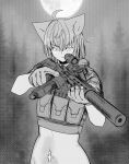  1girl animal_ears ao_homura bcm_mcmr cat_ears cat_girl commentary_request cross_piercing elly_(project_karibito) gloves greyscale hair_between_eyes highres monochrome navel navel_piercing piercing project_karibito stomach trigger_discipline 