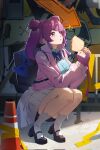  1girl alley black_shoes bleach bleach:_the_high_school_warfare blue_bow blue_bowtie blue_shirt blunt_bangs blush bow bowtie bread bread_slice commentary day deadman70232800 double_bun food full_body hair_bun hands_up high_heels highres holding holding_food jacket long_hair long_sleeves looking_at_food meninas_mcallon miniskirt official_alternate_costume official_alternate_hairstyle open_clothes open_jacket outdoors parted_lips pink_jacket pleated_skirt purple_eyes purple_hair school_uniform shirt shoes sidelighting sidelocks skirt socks solo sparkle squatting toast twintails white_skirt white_socks 