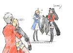  2boys 2girls ahoge archer_(fate) archer_(honkai:_star_rail)_(fate) artist_name artoria_pendragon_(fate) black_gloves black_hair black_thighhighs blonde_hair blue_dress bracelet coat commentary_request dark-skinned_male dark_skin dress faceless faceless_female fate/stay_night fate/unlimited_blade_works fate_(series) gilgamesh_(fate) gilgamesh_(honkai:_star_rail)_(fate) gloves grey_hair guchalabear holding holding_lighter holding_pants holding_unworn_clothes honkai:_star_rail honkai_(series) jewelry lighter medium_dress miniskirt multiple_boys multiple_girls pants pleated_skirt red_coat saber_(fate) saber_(honkai:_star_rail)_(fate) signature sketch skirt thai_commentary thai_text thighhighs tohsaka_rin tohsaka_rin_(honkai:_star_rail) translation_request unworn_pants watermark white_hair zettai_ryouiki 