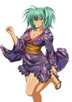  1girl breasts cleavage dark_skin female green_eyes green_hair ikkitousen japanese_clothes large_breasts long_hair official_art ryofu_housen simple_background smile solo standing yukata 