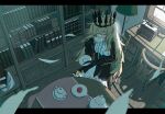  1girl black_crown black_dress black_rock_shooter blonde_hair chariot_(black_rock_shooter) closed_eyes commentary_request crown cup desk dress highres library long_hair ponpokotan skeletal_hand solo teacup teapot 