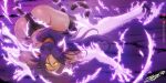  1girl absurdres all_fours animal_ears ass back bare_shoulders black_leotard black_thighhighs bleach bleach:_sennen_kessen-hen cat_ears cat_tail commentary commission dark-skinned_female dark_skin electricity electrokinesis english_commentary fake_claws fighting_stance floating_hair full_body glowing glowing_eyes hair_ears hair_ribbon highres leotard long_hair looking_at_viewer midniteblueart open_mouth outdoors parted_bangs ponytail purple_hair red_ribbon ribbon shihouin_yoruichi sidelocks signature solo tail thighhighs thighs tongue tongue_out tsurime upturned_eyes v-shaped_eyebrows yellow_eyes 