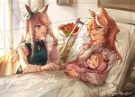  animal_ears aqua_bow artist_name baby bed blue_eyes bow brown_hair commission commissioner_name crying crying_with_eyes_open ear_bow ear_ribbon flower gazelle_jun highres holding_hands horse_ears horseshoe_ornament hospital hospital_bed if_they_mated mejiro_mcqueen_(casual)_(umamusume) mejiro_mcqueen_(umamusume) multicolored_hair purple_eyes purple_hair red_flower shirt streaked_hair tears tokai_teio_(umamusume) umamusume white_shirt white_streaks 