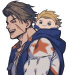  1boy blue_jacket brown_hair character_doll closed_eyes commentary_request dog_tags doll forked_eyebrows highres hood hood_basket hood_down hooded_jacket jacket luke_sullivan male_focus open_mouth prat_rat round_teeth scar scar_on_cheek scar_on_face shirt short_hair simple_background sleeveless sleeveless_jacket smile solo star_(symbol) street_fighter street_fighter_6 teeth upper_body upper_teeth_only white_background white_shirt 