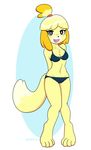  2015 ambris animal_crossing anthro black_eyes black_nose blonde_hair blush bow bra breasts canine cleavage clothed clothing dog female fur hair hi_res hindpaw isabelle_(animal_crossing) looking_at_viewer mammal navel nintendo open_mouth panties paws short_hair smile solo standing thick_thighs underwear video_games yellow_fur 