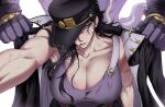  1girl assertive_female black_hair blue_eyes breasts chain cigarette cleavage commentary_request gakuran hat hat_over_one_eye highres jojo_no_kimyou_na_bouken kabedon kabedon_on_viewer korean_commentary kujo_jotaro large_breasts long_coat looking_at_viewer one_eye_covered ooo0c3 pinned pov school_uniform simple_background smoke smoking solo stand_(jojo) star_platinum stardust_crusaders veins veiny_arms white_background 