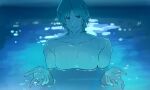  1boy blonde_hair blue_eyes blue_light chainsaw_man char_aznable gundam highres i_akkkko_i looking_at_viewer night_light nude offering_hand parody pool scene_reference smile solo water wet wet_hair 