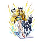  1girl alex_dos_diaz asymmetrical_legwear bare_shoulders black_hair blue_eyes blue_shorts blunt_bangs breasts coat collarbone crop_top electricity elesa_(pokemon) emolga flying_squirrel fur_coat headphones highres jacket long_sleeves looking_at_viewer medium_breasts midriff mismatched_legwear open_mouth pokemon pokemon_(creature) pokemon_black_2_and_white_2 shoes short_hair_with_long_locks shorts sidelocks sleeveless smile squirrel yellow_coat zebstrika 