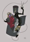  3girls aqua_streaks atropos_(megami_tensei) bad_id bad_twitter_id black_bodysuit black_cape black_gloves blonde_hair bodysuit braid cape clotho_(megami_tensei) dated demon_(megami_tensei) eien12m gloves green_streaks grey_background highres holding holding_scissors holding_string lachesis_(megami_tensei) looking_at_viewer medium_hair multicolored_hair multiple_girls purple_streaks red_bodysuit scissors shin_megami_tensei siblings sisters streaked_hair string two-tone_hair upside-down white_bodysuit yellow_eyes 
