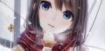  bangs blue_eyes blush brown_hair food head_tilt holding holding_food holding_umbrella ice_cream kentaurosu licking long_hair looking_at_viewer original plaid plaid_scarf portrait revision road_sign scarf sign snow snowing solo tongue tongue_out transparent transparent_umbrella umbrella winter 