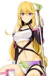  ahoge bad_id bad_pixiv_id blonde_hair detached_sleeves green_hair koko_shiguma long_hair looking_at_viewer milla_maxwell multicolored_hair navel purple_eyes simple_background sitting solo sword tales_of_(series) tales_of_xillia two-tone_hair weapon white_background 