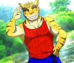  anthro big_muscles blue_eyes clothing feline mammal morenatsu muscles smile tiger torahiko_ooshima 