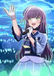  1girl 3rd_live_tour_try_tri_unity!!! :d arm_up beret blue_hat blue_kimono blue_skirt breasts commentary_request frilled_hat frills gloves glowstick green_eyes hat highres holding holding_microphone japanese_clothes kimono long_hair looking_up love_live! love_live!_hasu_no_sora_jogakuin_school_idol_club medium_breasts microphone mimiu_p official_alternate_costume open_mouth otomune_kozue penlight_(glowstick) purple_hair sidelocks skirt smile solo teeth tilted_headwear tsukuyomi_kurage upper_teeth_only upturned_eyes virtual_youtuber white_gloves 