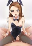  1girl animal_ears bow bowtie breasts brown_eyes brown_hair bunny_ears bunny_girl bunnysuit censored cowgirl_position d: detached_collar frown girl_on_top hetero highres idolmaster idolmaster_(classic) kaiga long_hair minase_iori mosaic_censoring nipples open_mouth pantyhose pov pussy sex small_breasts solo_focus spread_legs straddling torn_clothes torn_legwear v-shaped_eyebrows vaginal wrist_cuffs 