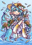  1girl absurdly_long_hair akina_mochi aqua_eyes aqua_hair blue_background blush_stickers boots bow butterfly_hair_ornament chinese_commentary commentary_request detached_sleeves dress falling_petals fingerless_gloves flower full_body gloves gradient_boots hair_between_eyes hair_flower hair_ornament hair_ribbon hat hat_bow hat_flower hatsune_miku headset high-low_dress highres holding holding_microphone lace-up_boots long_hair looking_at_viewer magical_mirai_miku magical_mirai_miku_(2026) microphone multicolored_boots multicolored_eyes neck_ribbon open-toe_boots outline petals ribbon ripples rolling_suitcase short_sleeves sitting sitting_on_object sleeveless sleeveless_dress solo straw_hat suitcase sun_hat sunflower treble_clef twintails two-tone_boots two-tone_eyes very_long_hair vocaloid white_boots white_dress white_gloves white_outline white_ribbon yellow_boots yellow_eyes yellow_hat 