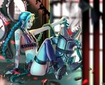  blue_hair boots braid bullets jinx_(league_of_legends) league_of_legends lipstick long_hair makeup pink_eyes single_glove single_thighhigh tattoo twin_braids weapon zzing 