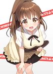  apron bent_over blush breasts brown_eyes brown_hair commentary_request hyuuga_azuri long_hair looking_at_viewer medium_breasts open_mouth ponytail skirt smile solo taneshima_popura tray waitress working!! 