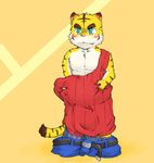  anthro blue_eyes clothing feline mammal morenatsu muscles plain_background smile tiger torahiko_ooshima 