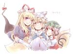  3girls :3 animal_ears blonde_hair blue_tabard blush bow bowtie breasts brown_hair cat_ears cat_tail chen commentary_request dress earrings elbow_gloves fox_tail gap_(touhou) gloves gold_earrings green_hat hair_bow hat jewelry juliet_sleeves kuromame_(8gou) long_hair long_sleeves looking_at_viewer medium_breasts mob_cap multiple_girls multiple_tails open_mouth puffy_sleeves purple_dress purple_eyes red_bow red_eyes red_ribbon red_vest ribbon short_hair short_sleeves sideways_glance smile tabard tail touhou translation_request two_tails vest white_background white_bow white_bowtie white_gloves white_hat yakumo_family_(touhou) yakumo_ran yakumo_yukari yellow_eyes 