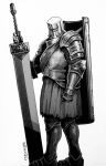  1boy absurdres armor artist_name breastplate commentary dark_souls_(series) dark_souls_i full_armor full_body gauntlets greatsword greaves helm helmet highres holding holding_sword holding_weapon iron_tarkus knight male_focus menaslg monochrome pauldrons shield shoulder_armor solo stare_down sword weapon 