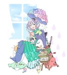  alternate_costume animal animal_on_lap bird blue_sky book book_stack bookmark eyewear_on_head fish flower green_eyes hair_flower hair_ornament hairband highres hydrangea japanese_clothes kimono konpaku_youmu lavender_hair lolita_hairband looking_at_viewer needle octopus okumura_neri open_book open_mouth penguin pillow pincushion short_hair sitting sky solo stool thread touhou turtle umbrella window yukata 