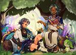  1boy 1girl alternate_skin_color anemo_symbol_(genshin_impact) animal_print aranara_(genshin_impact) ararycan_(genshin_impact) armor artist_name belt bird_print black_belt black_bodysuit black_bow black_bridal_gauntlets black_shorts blue_cape blue_gem blue_hat blue_jingasa blue_kimono blue_sleeves blunt_ends bodysuit book bow bracelet braid bridal_gauntlets cape choppy_bangs closed_eyes commentary covered_collarbone crown_braid curly_hair dark-skinned_female dark_skin english_commentary eyachim eyeliner facing_another facing_down feathers fingernails forest full_body furisode gem genshin_impact glint gold gold_bracelet gold_ring green_hair hakama hakama_shorts hands_up hat haypasia_(genshin_impact) highres holding holding_book japanese_armor japanese_clothes jewelry jingasa juban kimono kote kurokote layered_sleeves log looking_at_another makeup mandarin_collar middle_ring mole mole_under_eye mole_under_mouth nature on_log open_book open_clothes open_kimono open_mouth outdoors pink_lips pita_pocket_(genshin_impact) pleated_shorts pom_pom_(clothes) purple_eyes purple_hair purple_rope purple_sash reclining red_eyeliner robe rope sash scaramouche_(genshin_impact) short_hair short_sleeves shorts shoulder_peek side_cape sitting slippers tassel teeth three-quarter_sleeves tsurime unworn_headwear upper_teeth_only wanderer_(genshin_impact) white_kimono white_robe white_sleeves white_trim yellow_feathers 