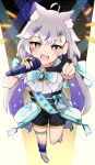  1girl animal_ear_fluff animal_ears black_gloves black_shorts blue_bow blue_eyes blue_socks blush boots bow commentary_request gloves grey_hair hair_between_eyes highres holding holding_microphone long_hair low_twintails microphone multicolored_hair nyaha original partially_fingerless_gloves pentagram purple_hair shirt shorts single_sock socks solo star_(symbol) streaked_hair twintails two-tone_hair very_long_hair white_boots white_hair white_shirt 
