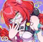  1girl artist_name braid braided_twintails breasts camera camera_around_neck cleavage facial_mark green_eyes hair_ornament hand_to_own_mouth heart heart-shaped_eyewear heart_facial_mark highres long_hair looking_at_viewer official_alternate_costume one-piece_swimsuit pink_one-piece_swimsuit purple_background red_hair sirin_(sirinshome) smile solo sphere_hair_ornament swimsuit twintails two-tone_one-piece_swimsuit ukinami_yuzuha ukinami_yuzuha_(tanuki_in_broad_daylight) upper_body very_long_hair yellow_nails zenless_zone_zero 