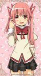  adjusting_hair alternate_hair_length alternate_hairstyle blush bow cowboy_shot hair_ornament heart kaname_madoka long_hair looking_at_viewer mahou_shoujo_madoka_magica mitakihara_school_uniform okuba pink_eyes pink_hair school_uniform solo thighhighs twintails 