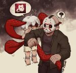  2boys ? arm_up bald barefoot biting_arm black_nails black_sclera black_shirt clenched_hand clenched_teeth colored_sclera commentary_request cuffs dead_by_daylight friday_the_13th hands_on_another's_arm heterochromia hockey_mask jacket jason_voorhees kaneki_ken lapels long_sleeves male_focus mask multiple_boys nail_polish nmru_(185u) shackles shirt speech_bubble spoken_question_mark standing teeth tentacles tokyo_ghoul torn_clothes twitter_username white_hair 